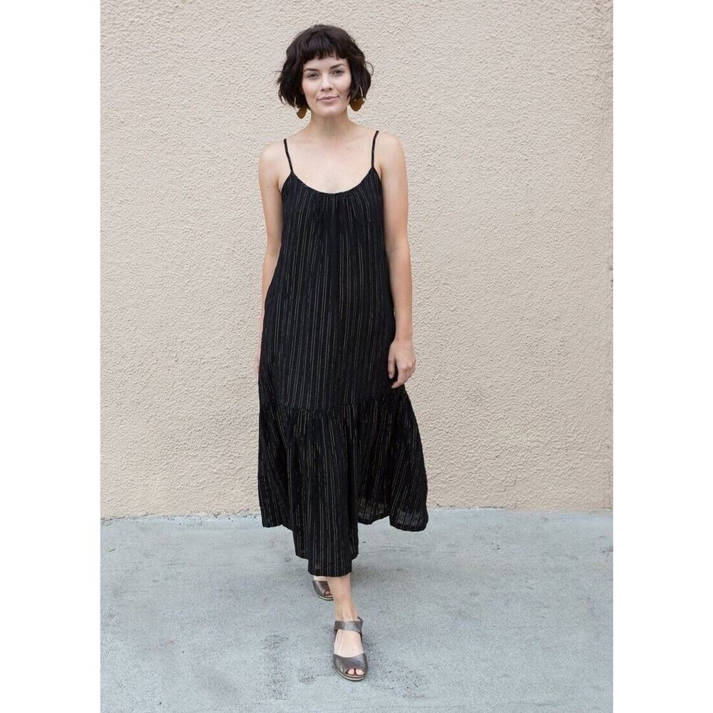Lindsay Robinson Black Gold Lurex Valley Midi Dress Coastal Boho Size Small